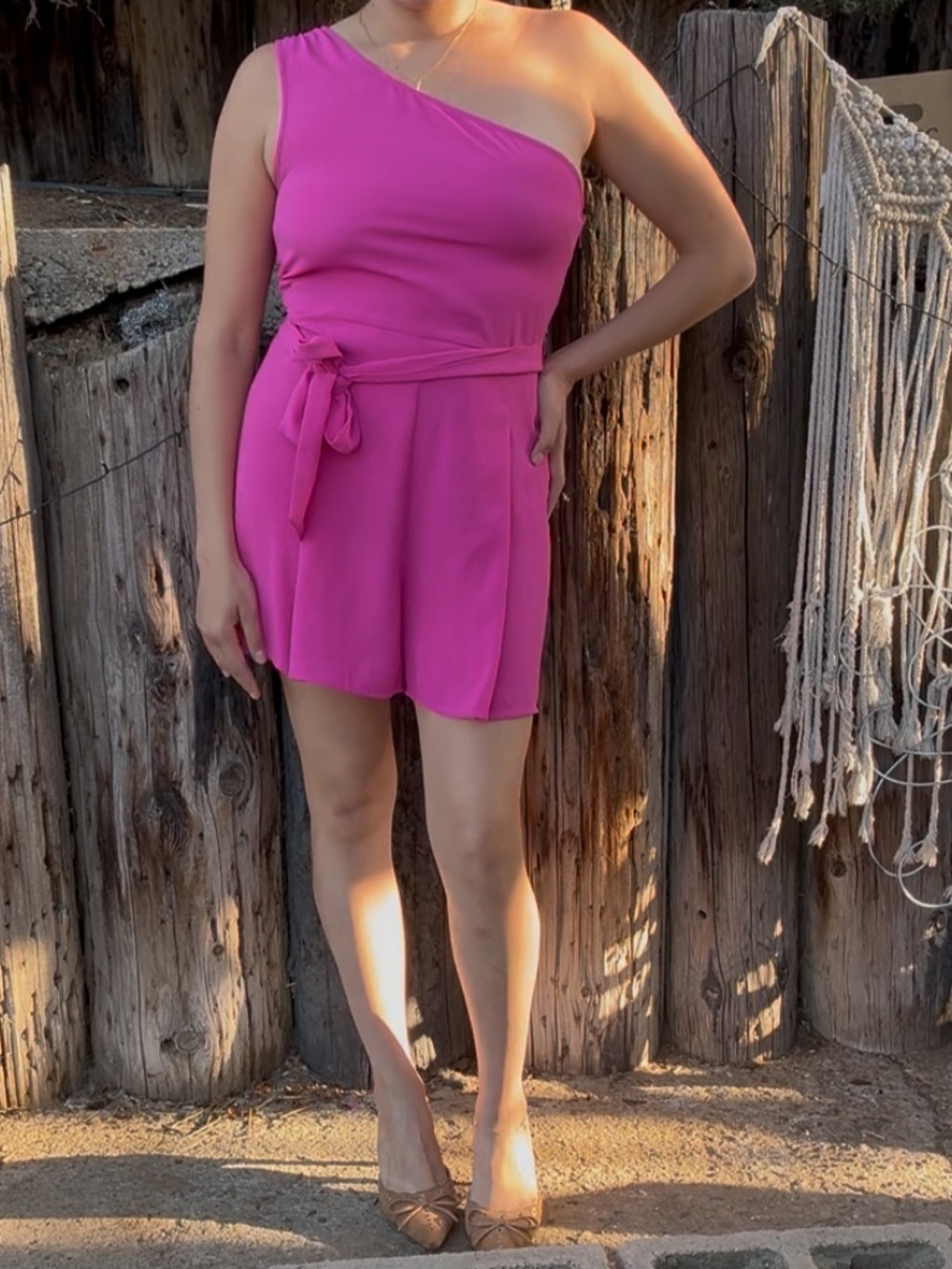 Leith Fushia  one shoulder romper with tie waist Elegant Party Colorful Summer